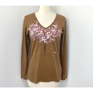 Life is Good Woman T-Shirt Medium Brown Pink Flower Heart Bouquet Organic Cotton